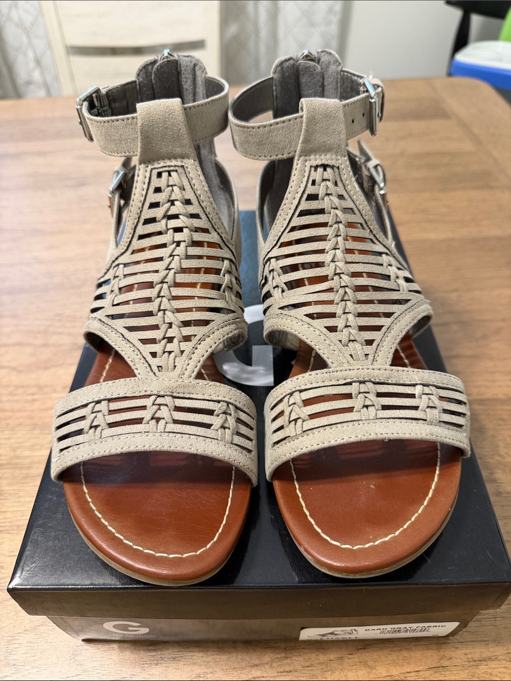 G by Guess Beige Woven Ankle-Strap Sandals